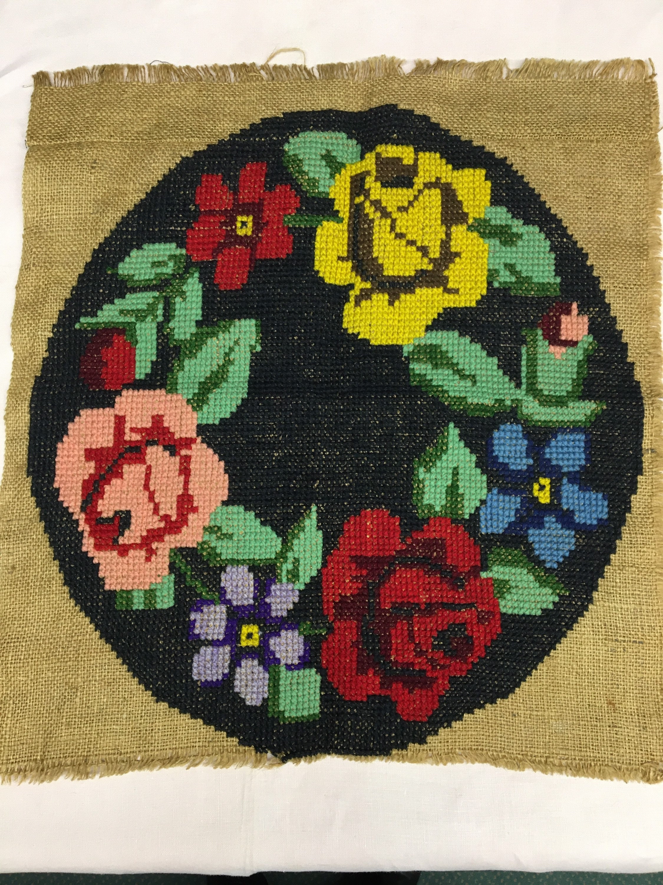 1970s Black Multicolor Rose Floral Needlepoint Cross Stitch Round Pillow Footstool Unfinished project on Burlap, Unblocked WIP, 21" x 20"