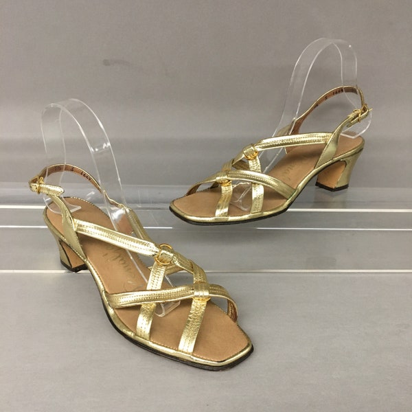 1970s 9 1/2 Gold Strappy Square Toe Slingback Sandals by Penaljo, 2.5" high chunky heel, vintage disco  shoes, US 9.5, EU 39.5, UK 7.5