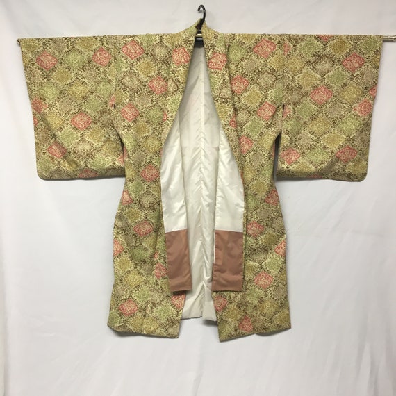 60s L Vintage Haori Kimono Robe, Yellow Pink Pais… - image 3