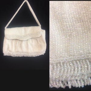 1950s beaded white satin evening handbag, Iridescent rainbow clear beads, made in Japan by Magid image 1