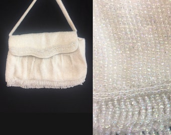 1950s beaded white satin evening handbag, Iridescent rainbow clear beads, made in Japan by Magid