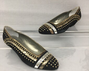 1980s 5.5 Black Suede Flats, Gold Metallic Leather and Studs, Silver accent, low 1" heels, Deadstock Van Eli East, US 5.5, EU 35.5, UK 3.5