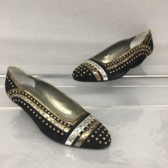 1980s 5.5 Black Suede Flats Gold Metallic Leather and Studs