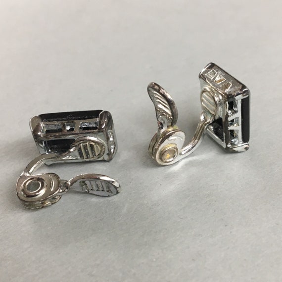 1980s Black Emerald Cut Rhinestone Clip earrings,… - image 5