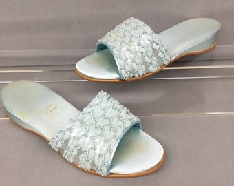 1950s 7 1/2 Sky Blue Satin Daniel Green 'Comfy' slip on bedroom slippers, nylon chiffon, gimp thread, plastic soles, US 7.5, EU 37.5, UK 5.5