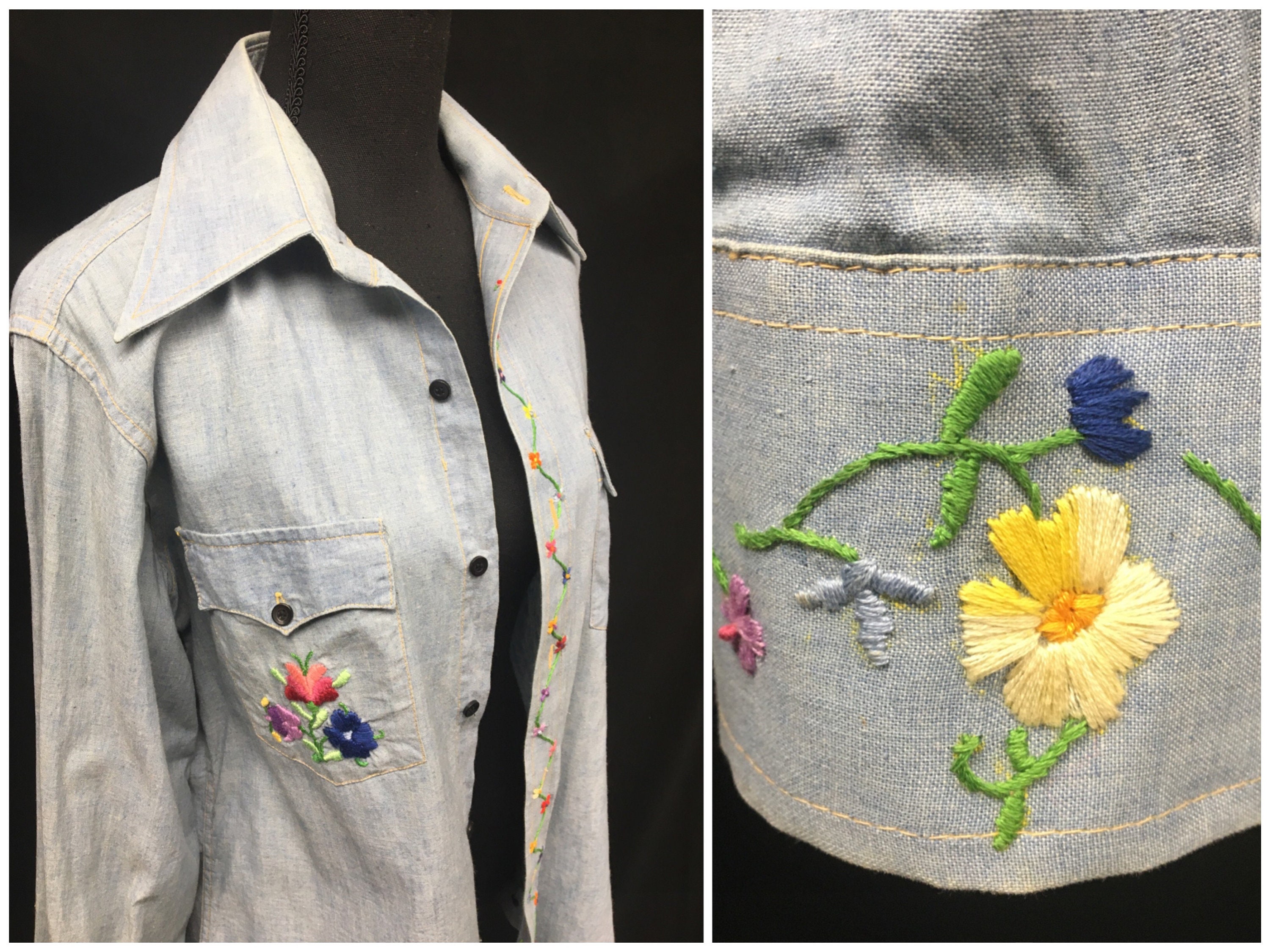 1970s M Hand Embroidered Flowers Denim Chambray Button Down Shirt