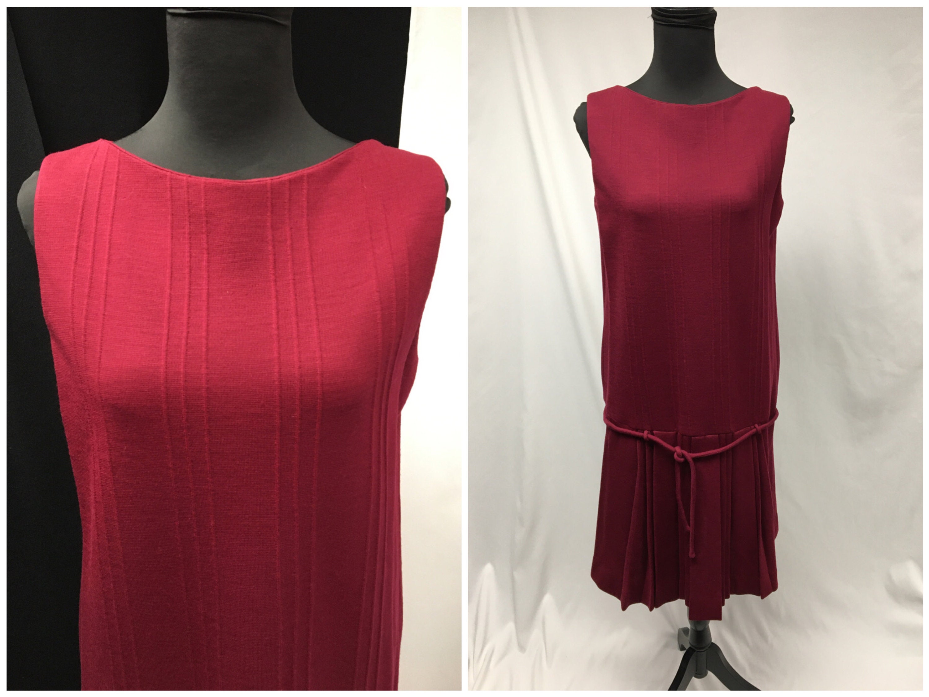 1960s L Burgundy Double Knit Wool Sleeveless Pleated Drop Waist Shift Dress  With Tie Belt, 60s Does 20s, Bust 38" Waist 37" - Etsy Canada