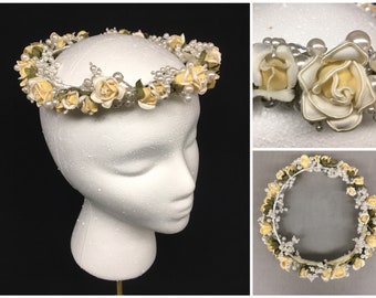 80s Yellow Roses Flower Crown, White Pearls, Silver wire, Vintage Handmade Renaissance Wreath costume headpiece