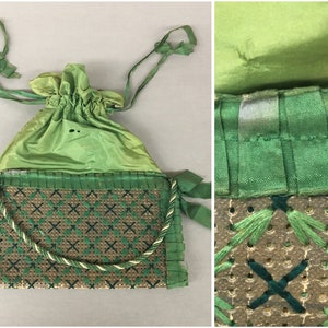 1880s Green Silk Convertible Drawstring Reticule, Embroidered Leather Antique Handbag, Victorian-era Museum Deaccession, As Is