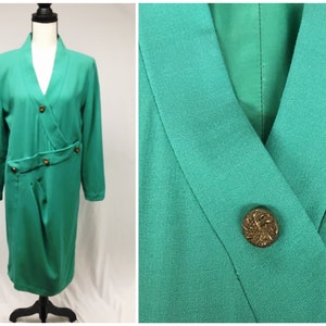 1940s L-XL Vintage Spearmint Green Crepe Surplice Day Dress, Long Sleeve Dress Handmade by professional dressmaker, 40&quot; Bust, 36&quot; Waist