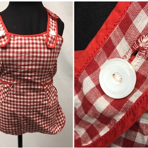 1930s Child's Red White Gingham Handmade Bib Romper Cotton Playsuit, Cross Straps, Triangle Pockets, MOP buttons