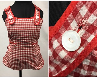1930s Child&#39;s Red White Gingham Handmade Bib Romper Cotton Playsuit, Cross Straps, Triangle Pockets, MOP buttons