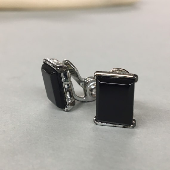 1980s Black Emerald Cut Rhinestone Clip earrings,… - image 3
