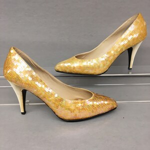 1980s 7M Vintage Maserati Yellow Satin Sequin Classic Pumps, NiB, 3.5 stiletto high heels, US 7, EU 37, UK 5 image 4