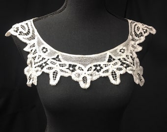 1900s White Antique Battenburg Collar, Handmade Bobbin Lace, Historical Costume, 30" inner neckline