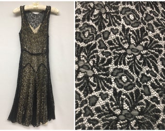 1930s Teens Black Lace Evening Dress, Zig Zag seaming, V neck, Full skirt, As is fragile state for study or copy, 28" bust, 24" waist