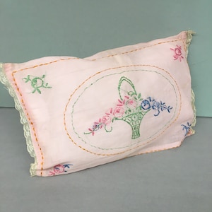 1930s Vintage Embroidered Boudoir Pillow, Pink cotton organdy, roses basket, lace trim, handmade from a kit, bottom edge is open, 14” x 9”