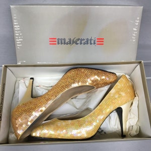 1980s 7M Vintage Maserati Yellow Satin Sequin Classic Pumps, NiB, 3.5 stiletto high heels, US 7, EU 37, UK 5 image 7