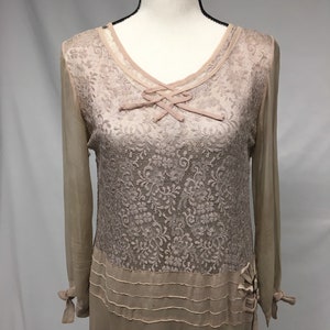 1920s S Dusty Lilac Silk Chiffon and Lace Long Sleeve dress with Buckle Bows on hip, As Is, True vintage flapper dress