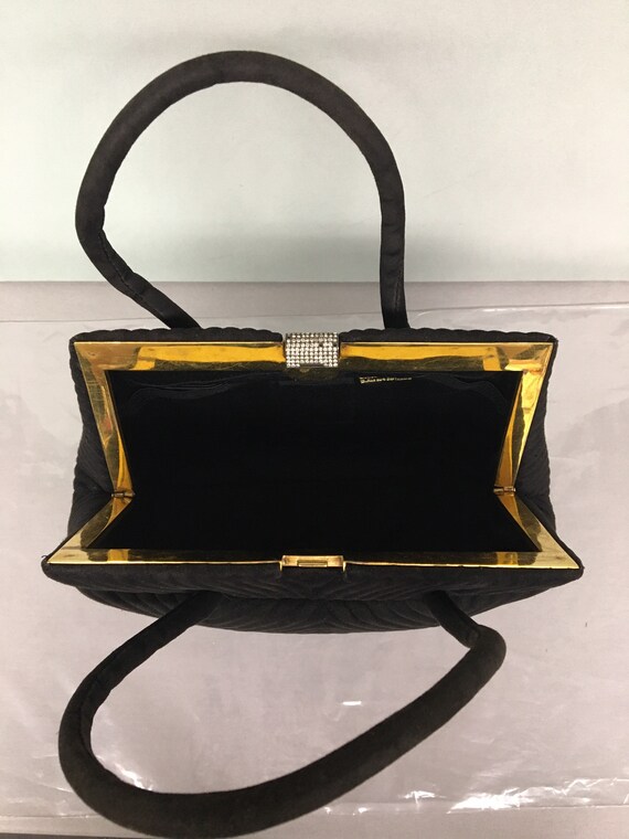 1960s Vintage Black Suede hard frame handbag with… - image 6