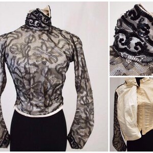 1800s XS Victorian High Neck Black Lace Blouse from Paris with Gelatin Sequin accents, Antique textile Museum deaccession, W 23&quot;