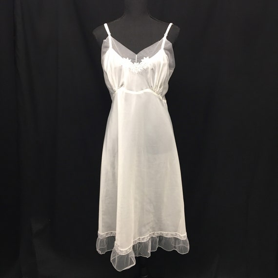 1950s L Bust 36” White Nylon Full Slip, Floral em… - image 7