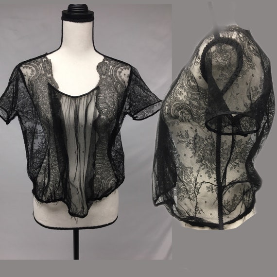 1910s L Edwardian Black Chantilly Lace and netting