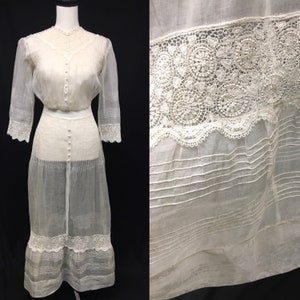 1910s XS Petite Off White Silk Organza Edwardian day dress, 3/4 sleeves, Pin tucks Open work & Venise Machine Lace,  32” bust, 24” waist