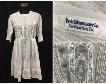 1900s Child's White Cotton Lawn Edwardian Lace Day dress, Bavis Schonwasser Co. San Francisco, 36" bust