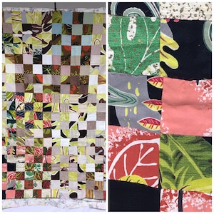 Può includere: Un quilt patchwork fatto di quadrati di tessuto in varie tonalità di verde, marrone, bianco e rosa. Il tessuto presenta motivi floreali e geometrici.