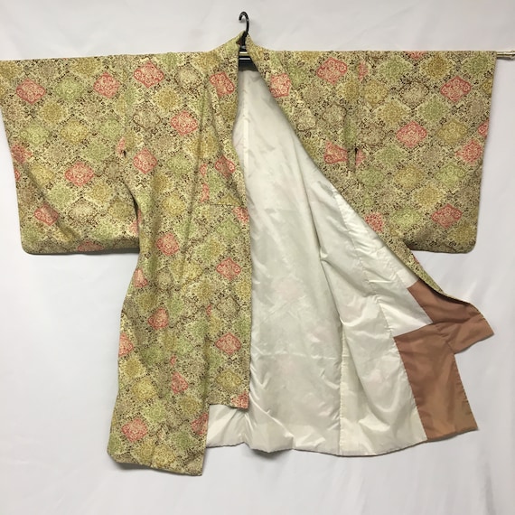 60s L Vintage Haori Kimono Robe, Yellow Pink Pais… - image 2