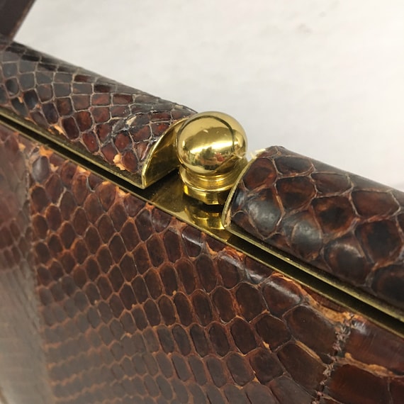 1940s Vintage Brown Snakeskin Top Handle hard fra… - image 2