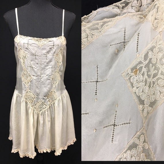 1930s XS Beige Step In Chemise, Vintage Onesie, Ha