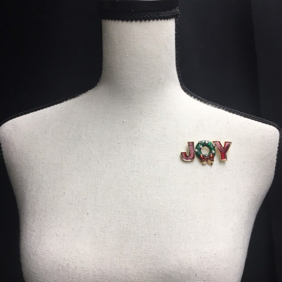 1980s JOY Christmas Brooch/Pin, Red green cloison… - image 2