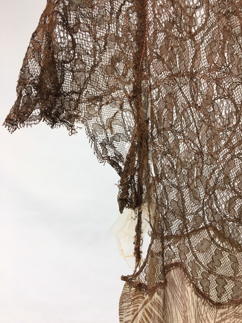 1930s XS Silk Brown Palm Print Dress Restoration project Great Gatsby dress Brown Raschel Lace Silk crinkle chiffon AS IS