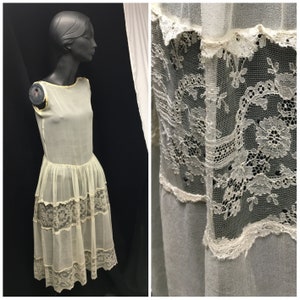 1920s XS Sheer Silk Chiffon Vintage Flapper dress, Chantilly Lace insets, 32&quot; bust, 30&quot; drop waist,