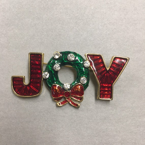 1980s JOY Christmas Brooch/Pin, Red green cloison… - image 1