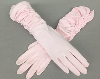 1950s Pink Nylon Knit Shirred Gloves, Van Raalte, 3” wide knuckles, 13.5” long, Size 6