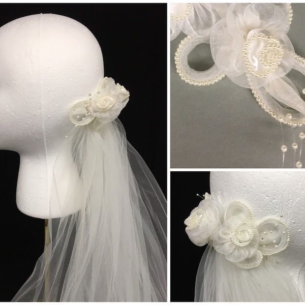 1990s Pearl Beaded White Satin Roses and organza bridal hair accessory, Vintage wedding head piece, 7" x 3"