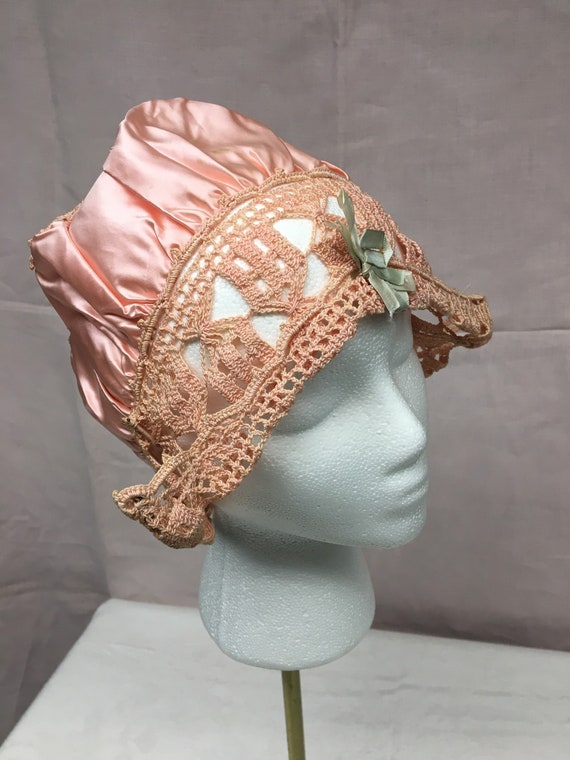 1915-1920s Crochet Dutch Morning Cap, Pink silk sa