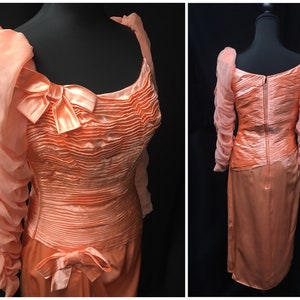 1980s XS/S Vintage Cocktail Prom Wiggle Dress in Ruched Peach Satin, tulip skirt, chiffon long sleeves, Big bows,