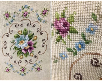 Unfinished Bucilla Decorator Floral Needlepoint Pillow Footstool kit project, Unblocked WIP, Unframed Wall Decor, 26" x 14" yarn area