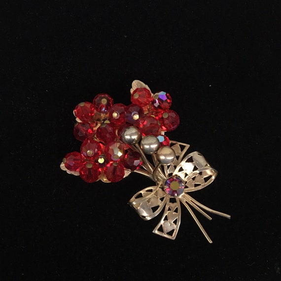 1950s Red Rhinestone Brooch, 50s Red Rhinestones Pin, 1950s