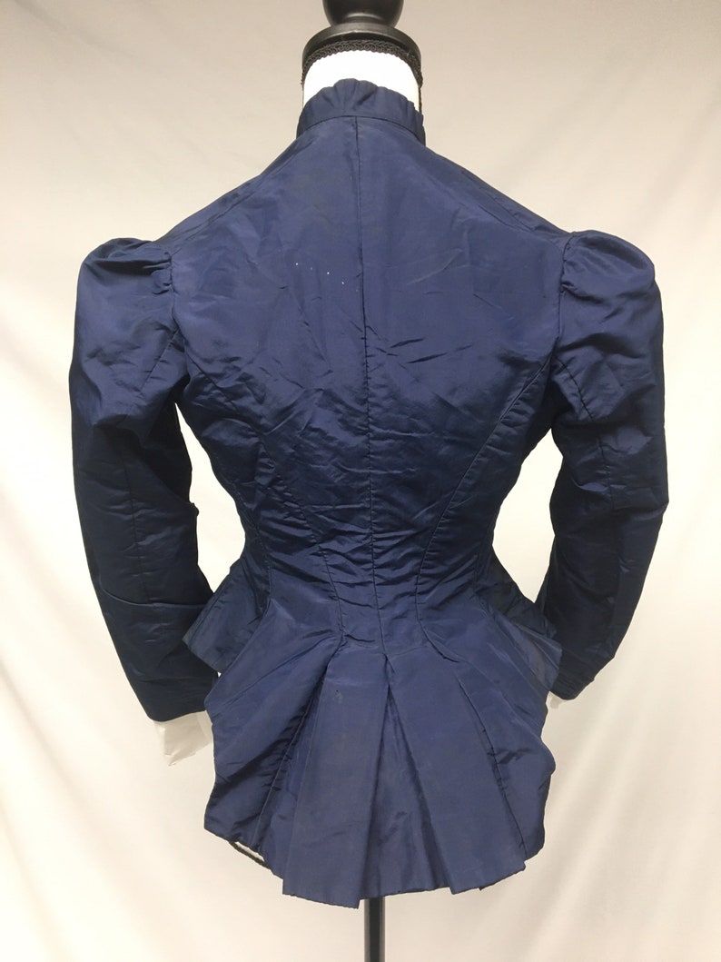 1890s XXS Navy Silk Button Down Bodice, Pleated Peplum for Bustle, Puff sleeves, Glass buttons, Historical costuming, FOR STUDY image 2