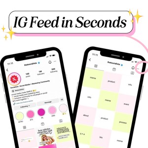 Op de afbeelding: Een screenshot van een Instagram-profiel met de gebruikersnaam "thatsocialista" en een raster van negen vierkanten. Elk vierkant is gelabeld met een andere categorie inhoud, zoals "meme", "product", "info", "event", "over", "proces", "bts" en "q+a".