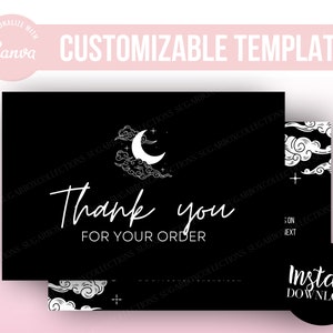 Puede incluir: Tarjeta de agradecimiento en blanco y negro con un dise&ntilde;o de luna y nubes. El texto "Gracias por su pedido" est&aacute; escrito en una fuente de letra manuscrita. La tarjeta tiene una etiqueta de "Descarga instant&aacute;nea".