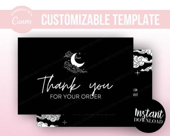 EDITABLE Moon/Celestial Thank You Card Template, Bohemian Boho Thank You Cards, Cute Zodiac Business Packaging Inserts, Editable in Canva
