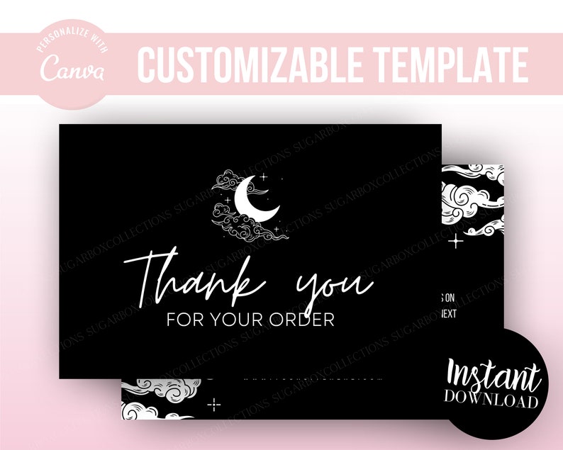 Puede incluir: Tarjeta de agradecimiento en blanco y negro con un dise&ntilde;o de luna y nubes. El texto "Gracias por su pedido" est&aacute; escrito en una fuente de letra manuscrita. La tarjeta tiene una etiqueta de "Descarga instant&aacute;nea".