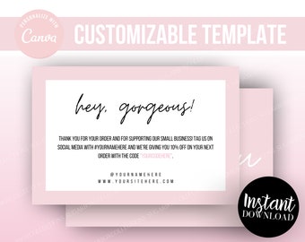 EDITABLE Trendy Thank You Card Template "Hey Gorgeous," Feminine Pink Thank You Cards, Beauty Business Packaging Inserts, Editable in Canva