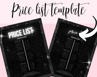 May include: A black and white price list template with a glittery background. The template includes sections for product names and prices. The text "PRICE LIST" is in white and is at the top of the template. The text "BUSINESS NAME" is in white and is below the text "PRICE LIST".